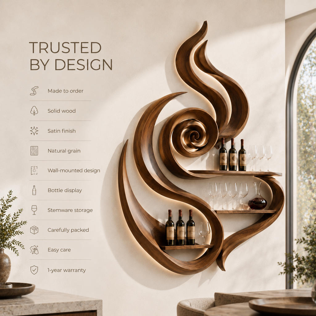 Solid Wood Wall Wine Rack with Glass Holder - Organic Branch - product image 09