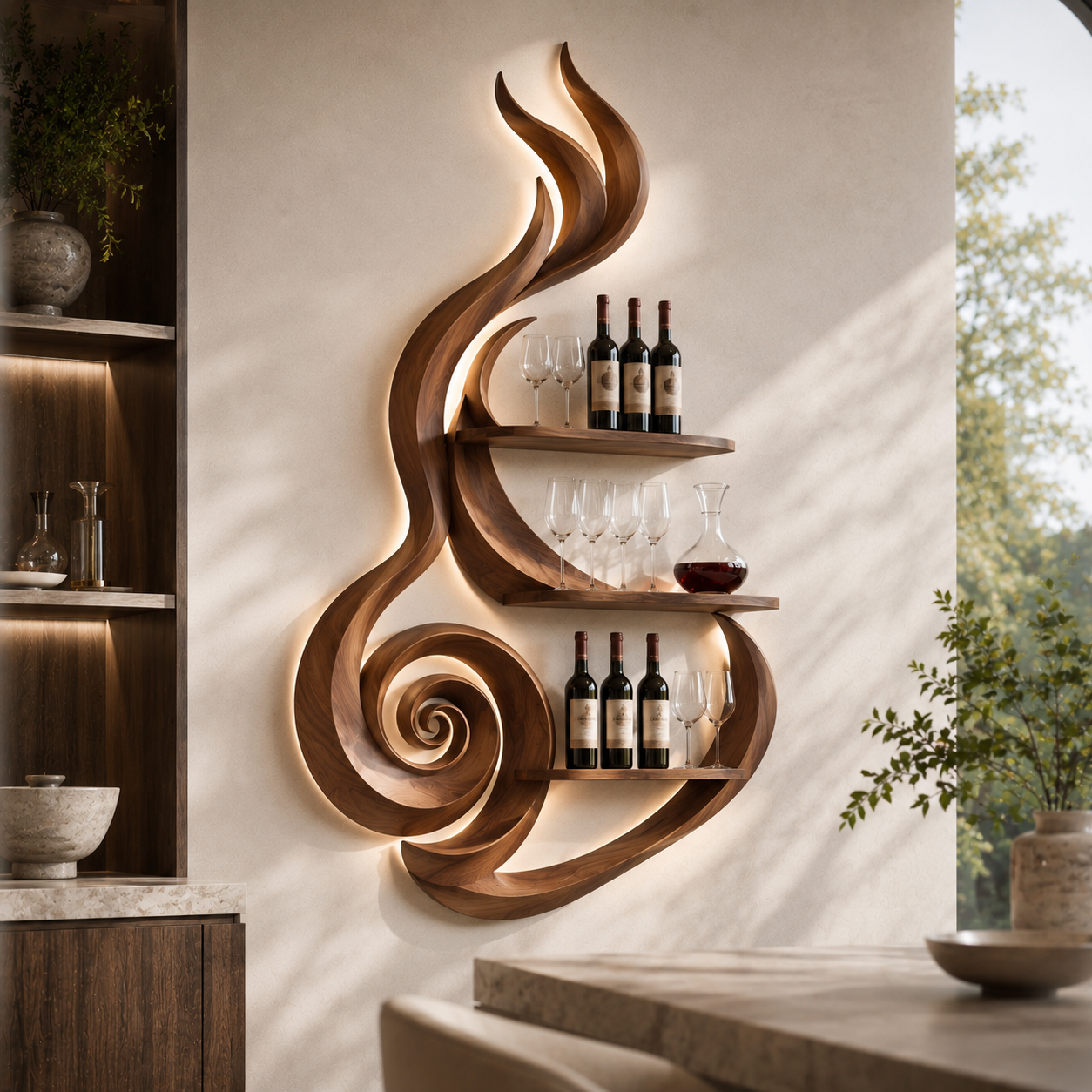 Solid Wood Wall Wine Rack with Glass Holder - Crescent Wall - main view
