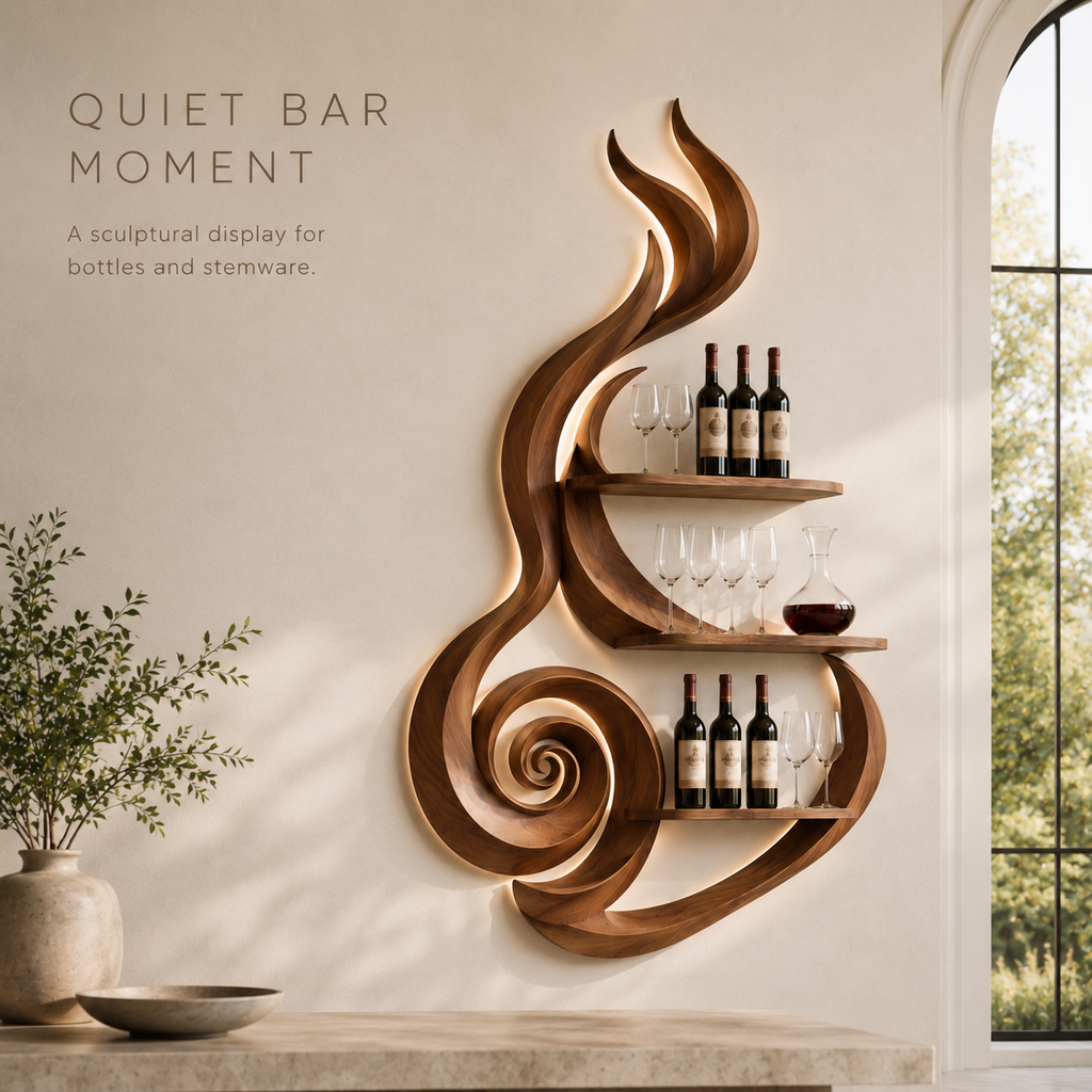 Solid Wood Wall Wine Rack with Glass Holder - Crescent Wall - product image 02