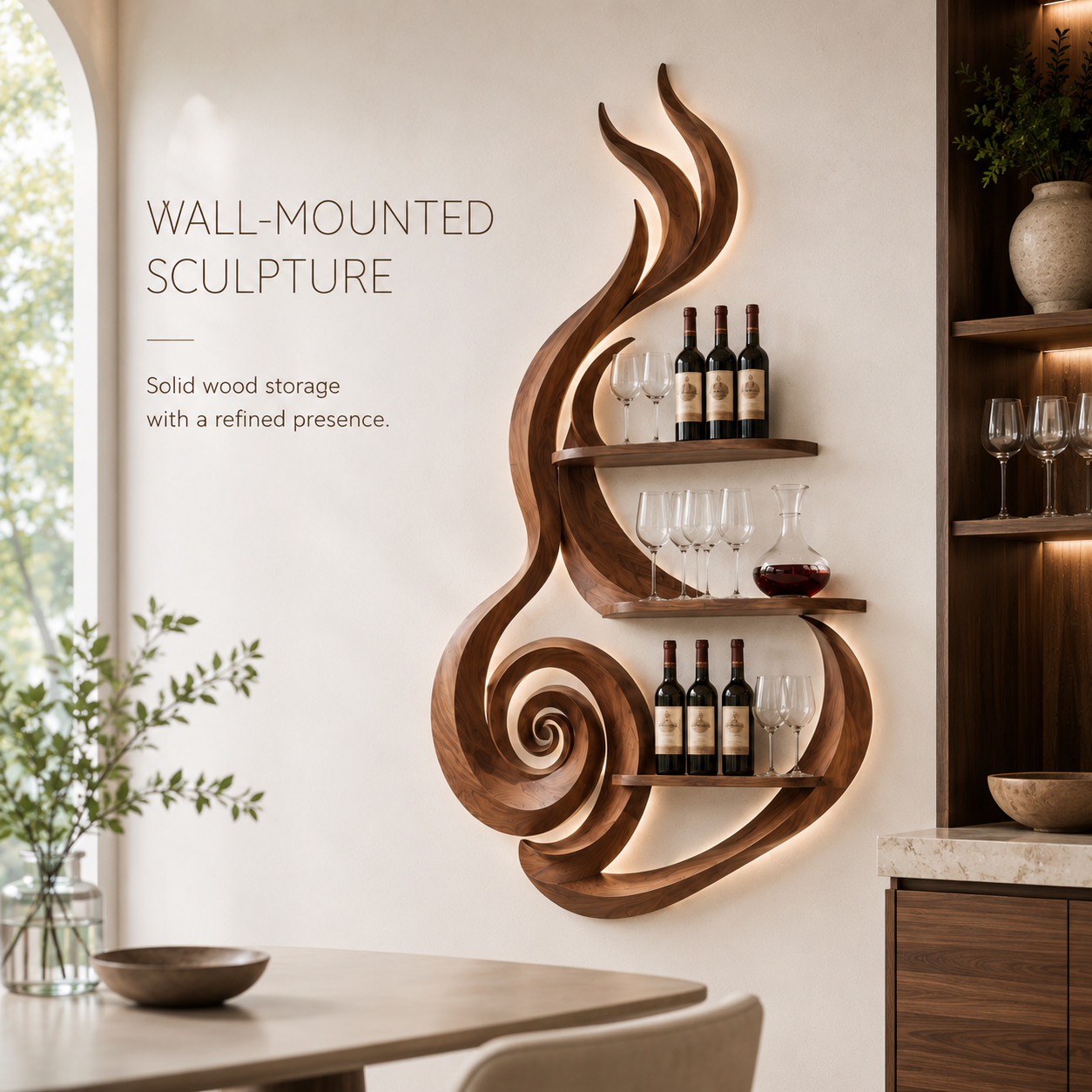 Solid Wood Wall Wine Rack with Glass Holder - Crescent Wall - product image 03