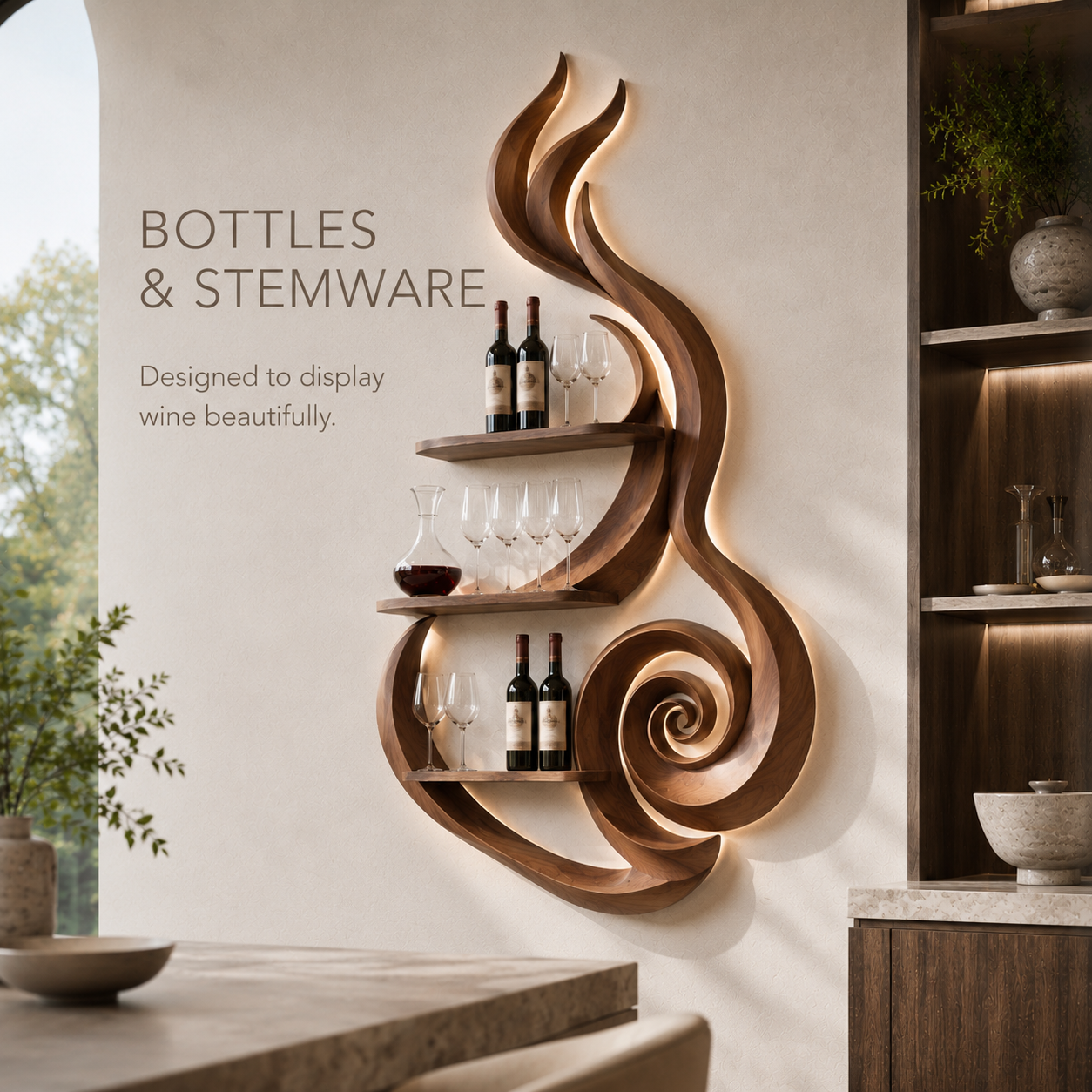 Solid Wood Wall Wine Rack with Glass Holder - Crescent Wall - product image 07