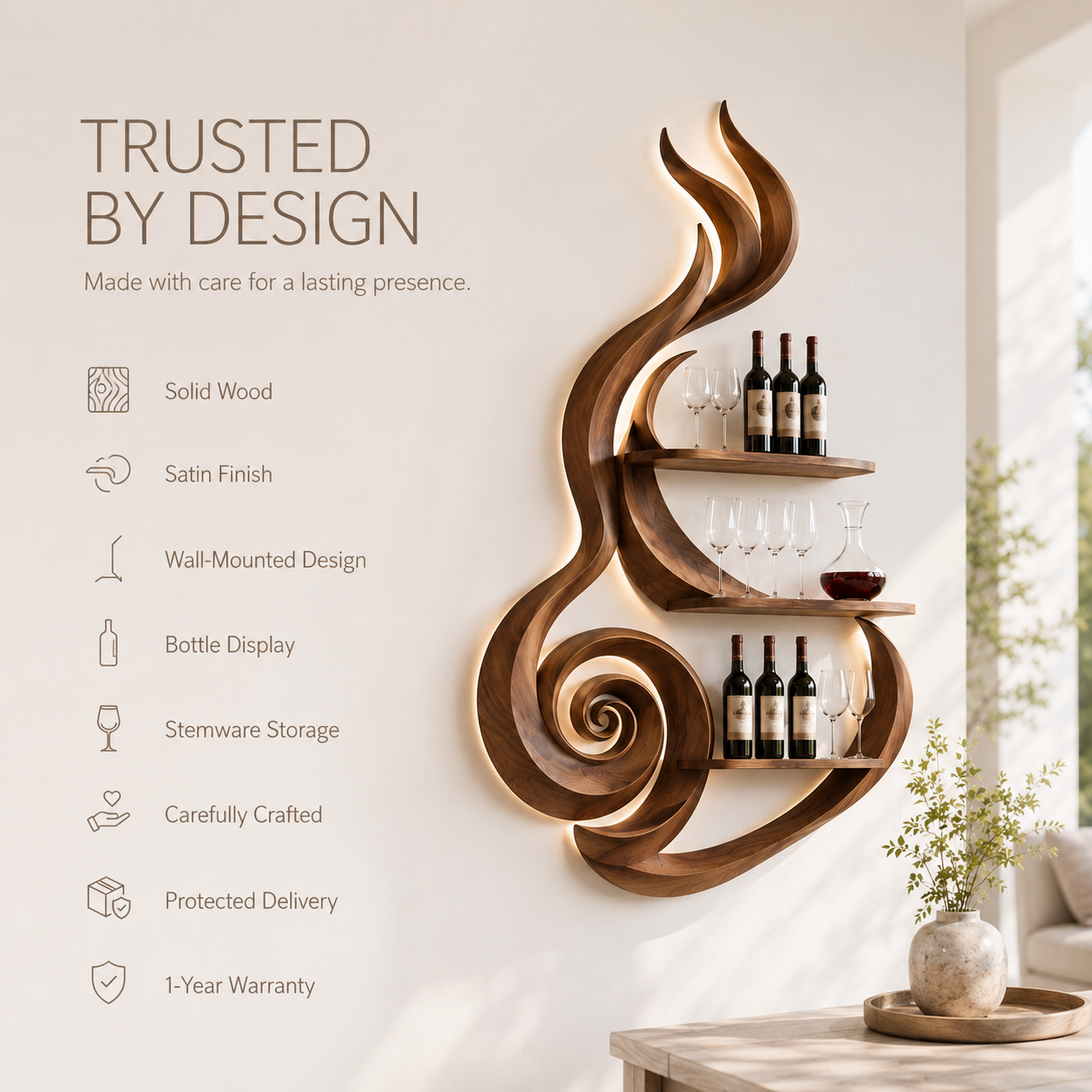 Solid Wood Wall Wine Rack with Glass Holder - Crescent Wall - product image 09