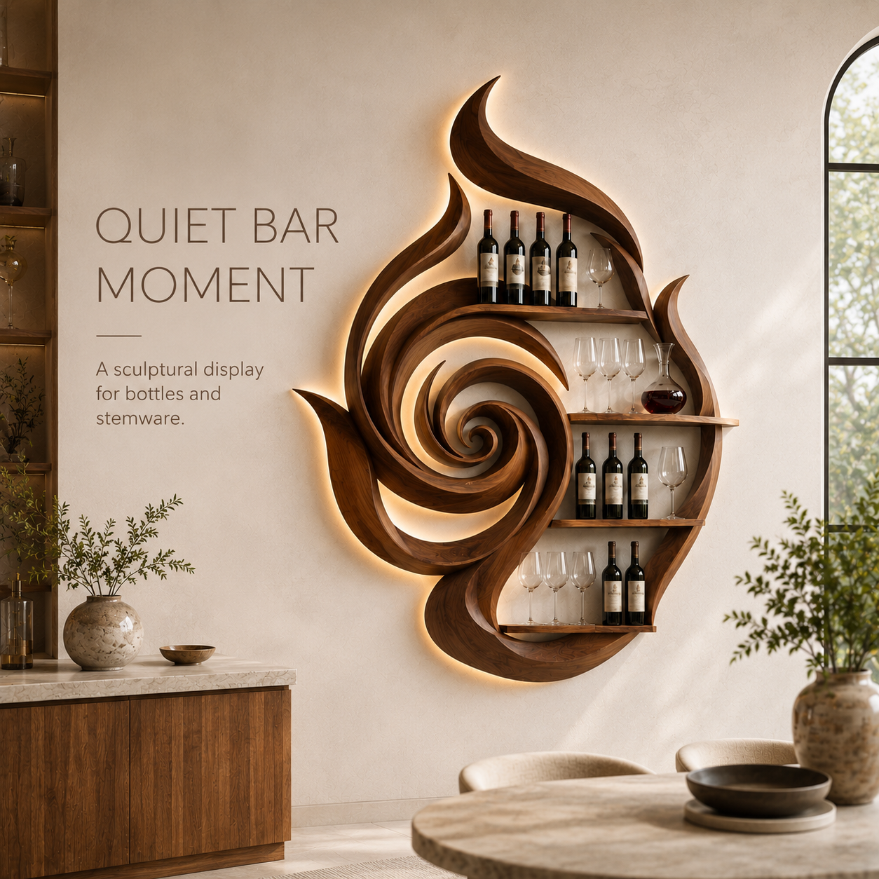 Solid Wood Wall Wine Rack with Glass Holder - Floating Rail - product image 02
