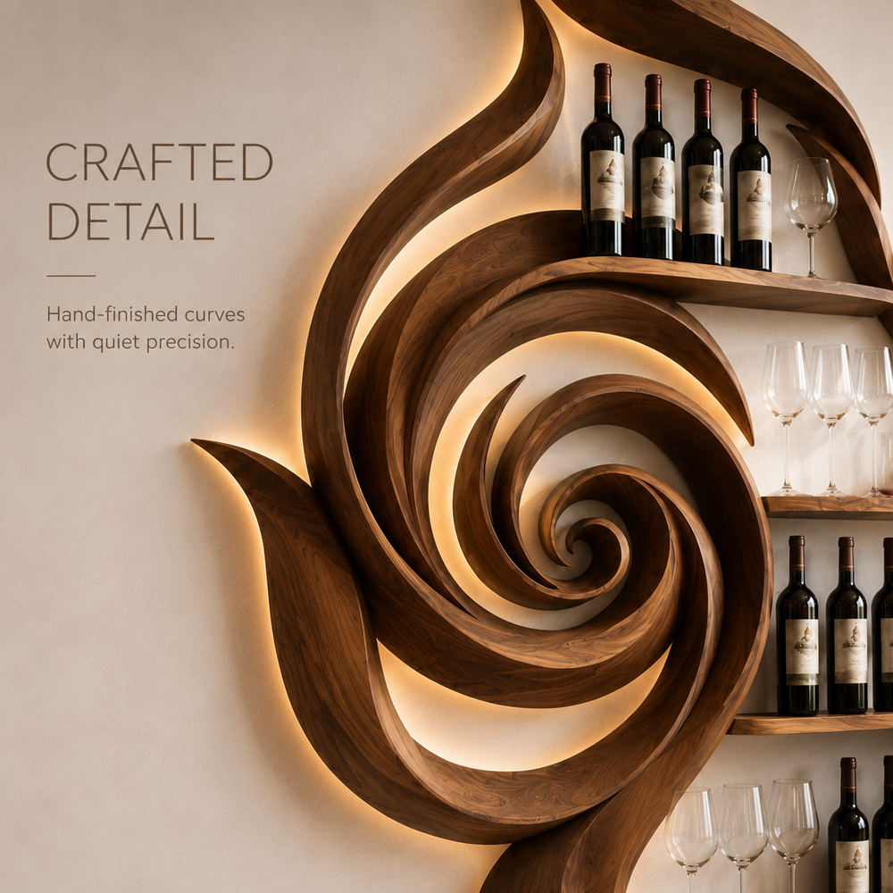 Solid Wood Wall Wine Rack with Glass Holder - Floating Rail - product image 04