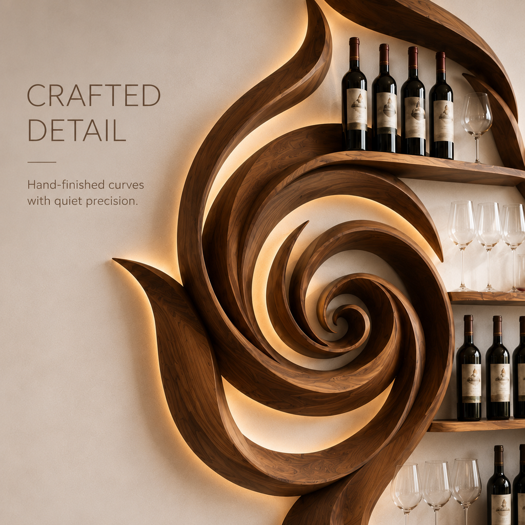 Solid Wood Wall Wine Rack with Glass Holder - Floating Rail - product image 04