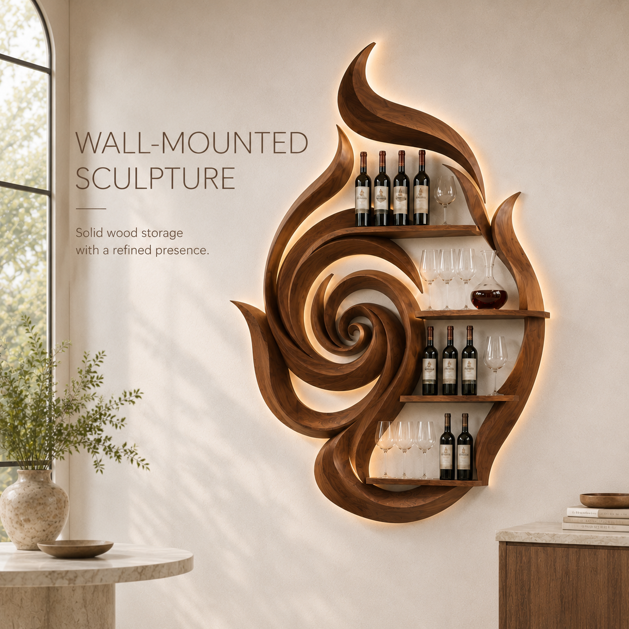 Solid Wood Wall Wine Rack with Glass Holder - Floating Rail - product image 07