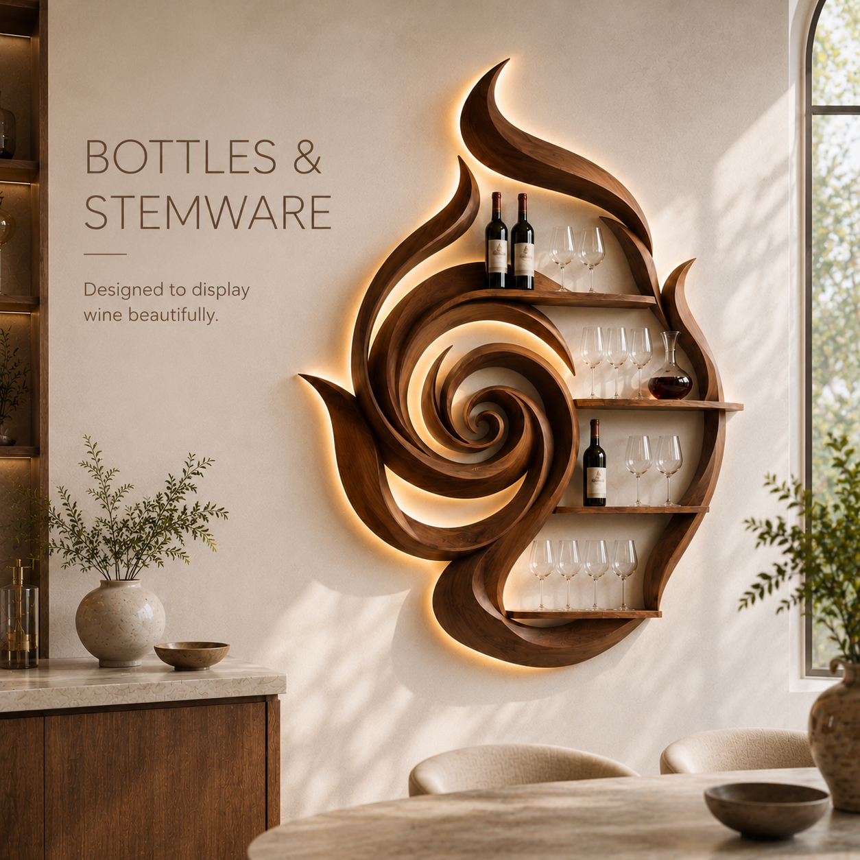Solid Wood Wall Wine Rack with Glass Holder - Floating Rail - product image 10