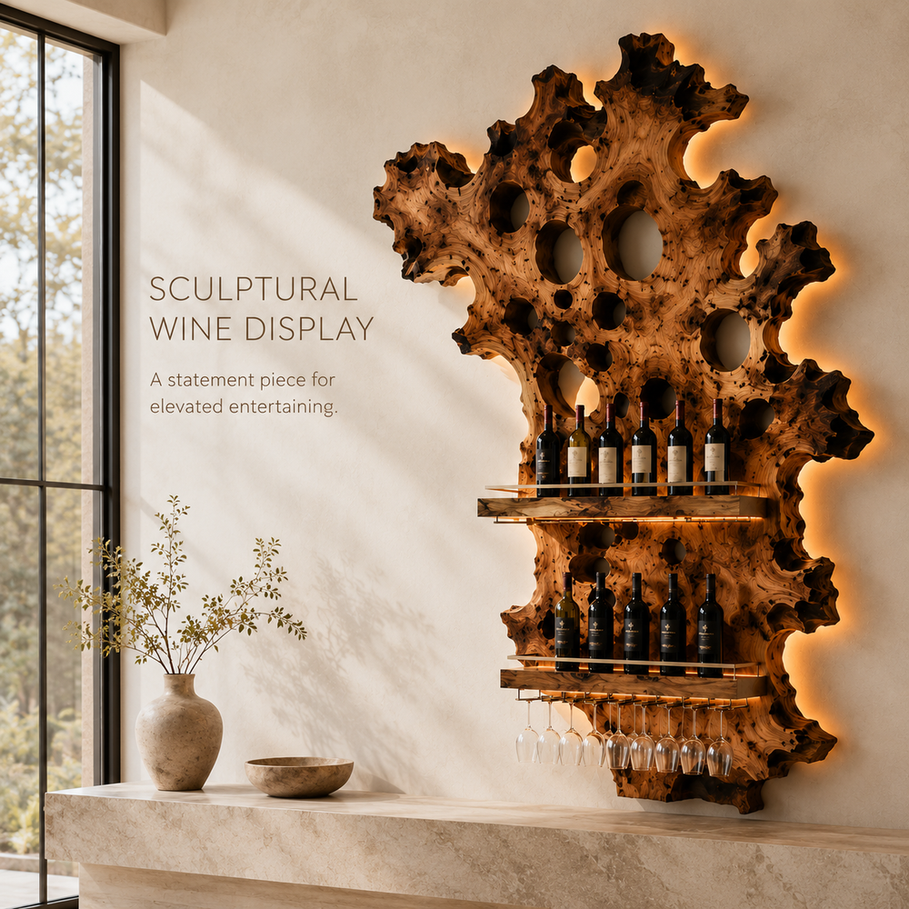 Solid Wood Wall Wine Rack with Glass Holder - River Form - product image 02