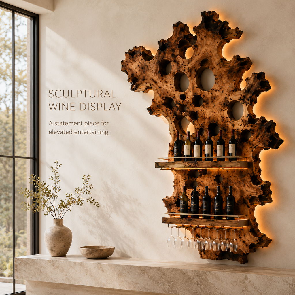 Solid Wood Wall Wine Rack with Glass Holder - River Form - product image 02