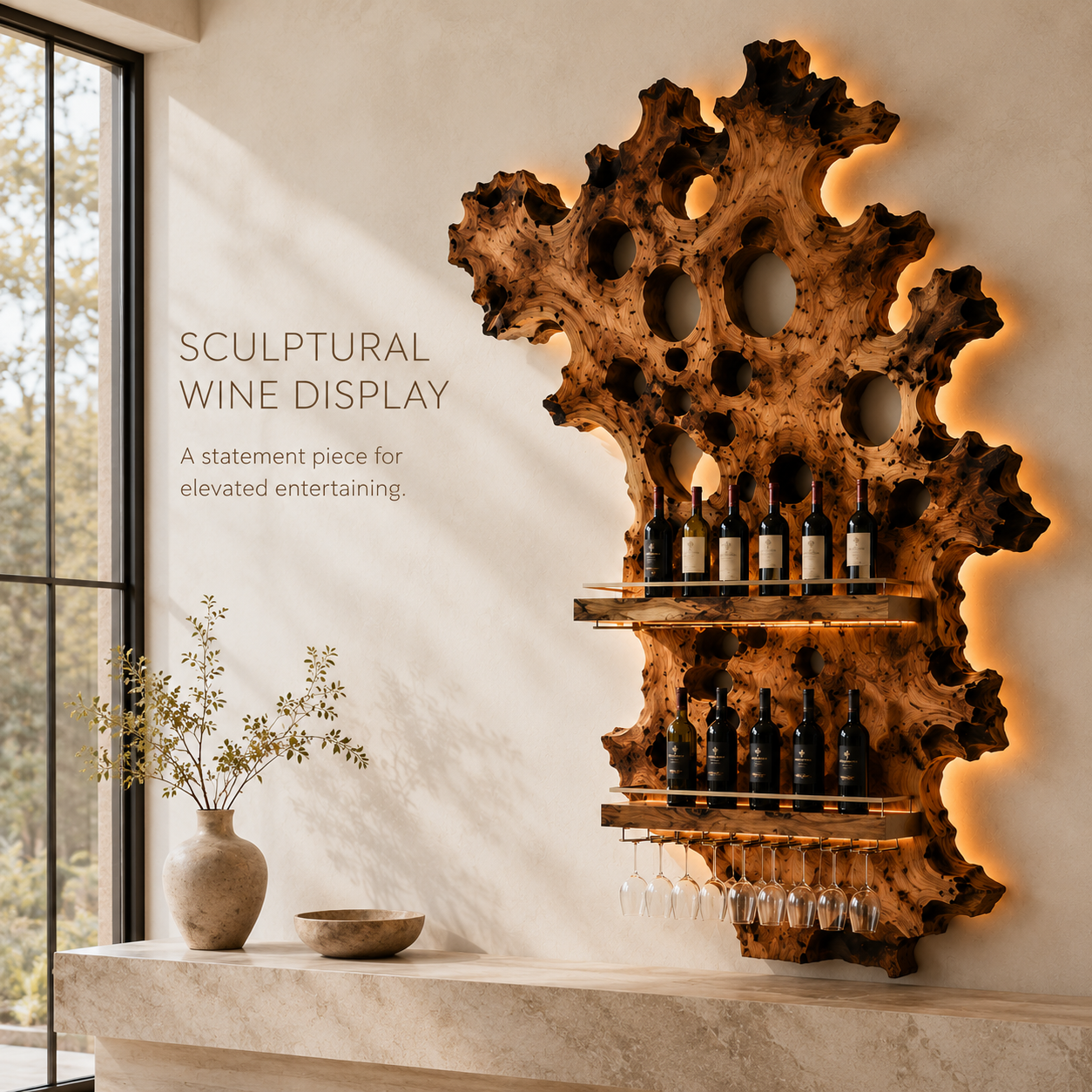 Solid Wood Wall Wine Rack with Glass Holder - River Form - product image 02