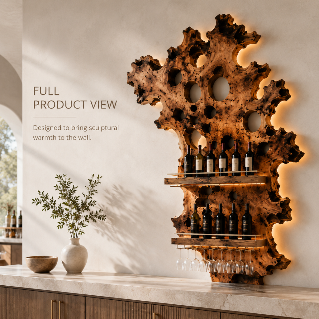 Solid Wood Wall Wine Rack with Glass Holder - River Form - product image 03