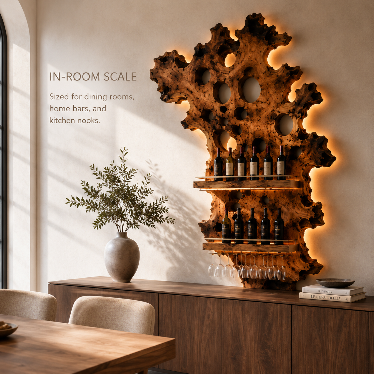 Solid Wood Wall Wine Rack with Glass Holder - River Form - product image 04
