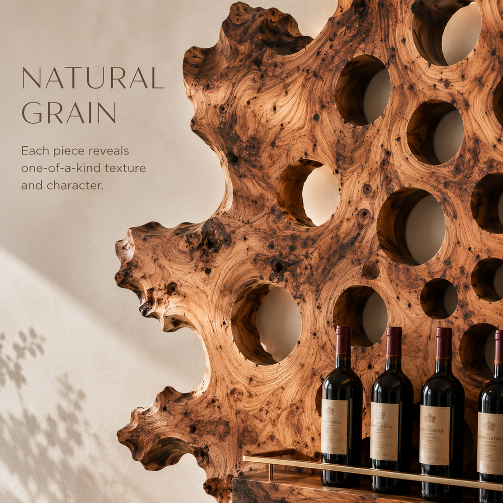 Solid Wood Wall Wine Rack with Glass Holder - River Form - product image 05