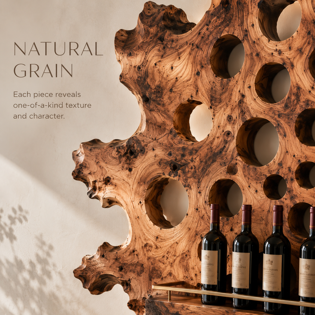 Solid Wood Wall Wine Rack with Glass Holder - River Form - product image 05