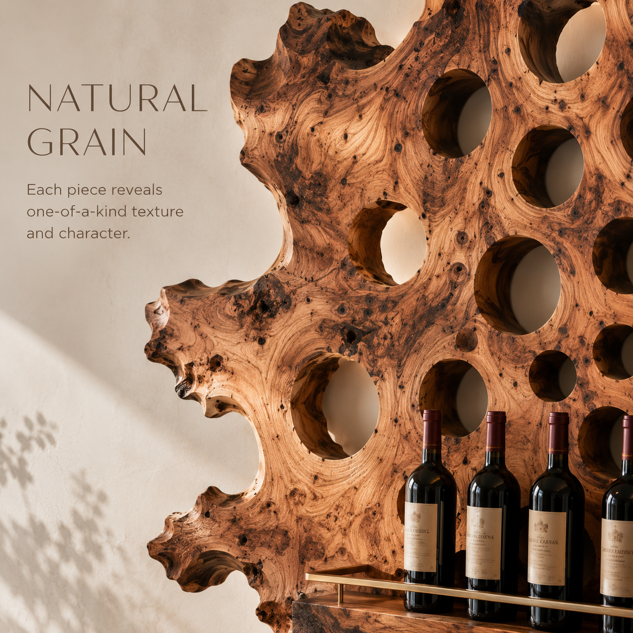 Solid Wood Wall Wine Rack with Glass Holder - River Form - product image 05
