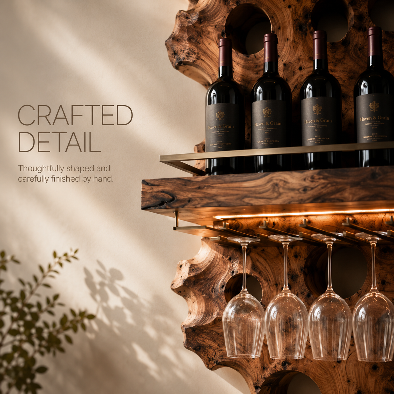 Solid Wood Wall Wine Rack with Glass Holder - River Form - product image 06