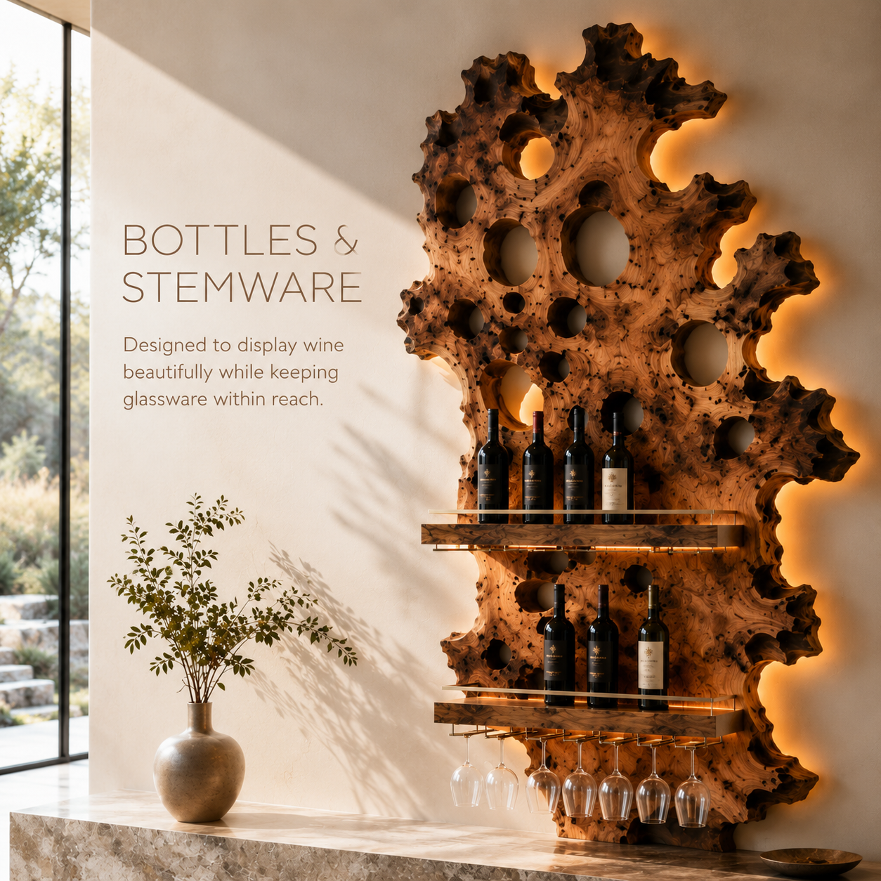 Solid Wood Wall Wine Rack with Glass Holder - River Form - product image 07