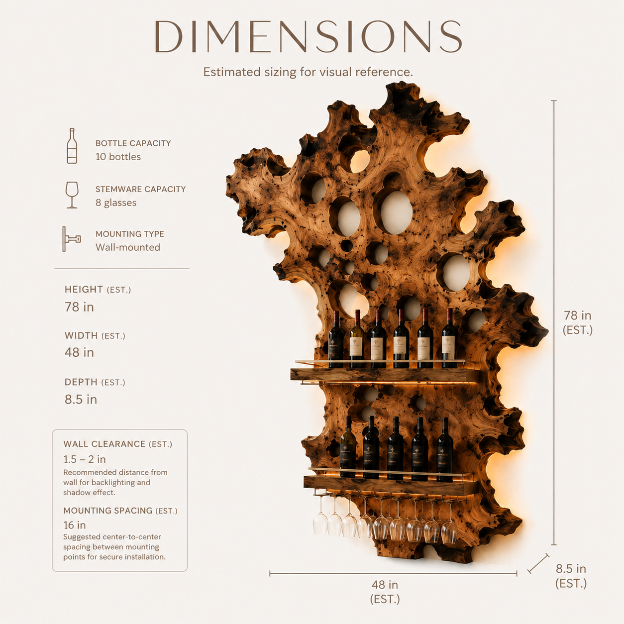 Solid Wood Wall Wine Rack with Glass Holder - River Form - product image 08