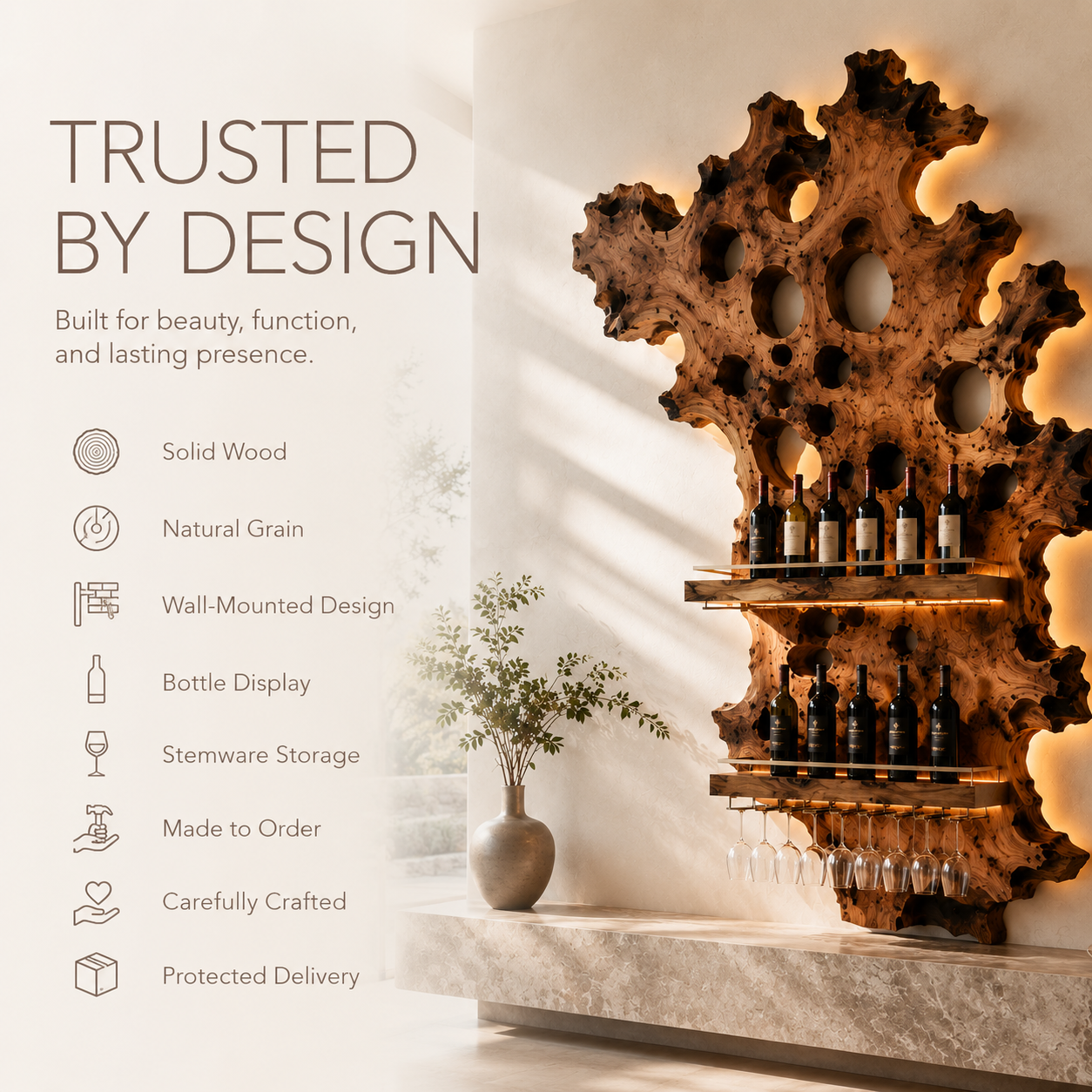 Solid Wood Wall Wine Rack with Glass Holder - River Form - product image 09