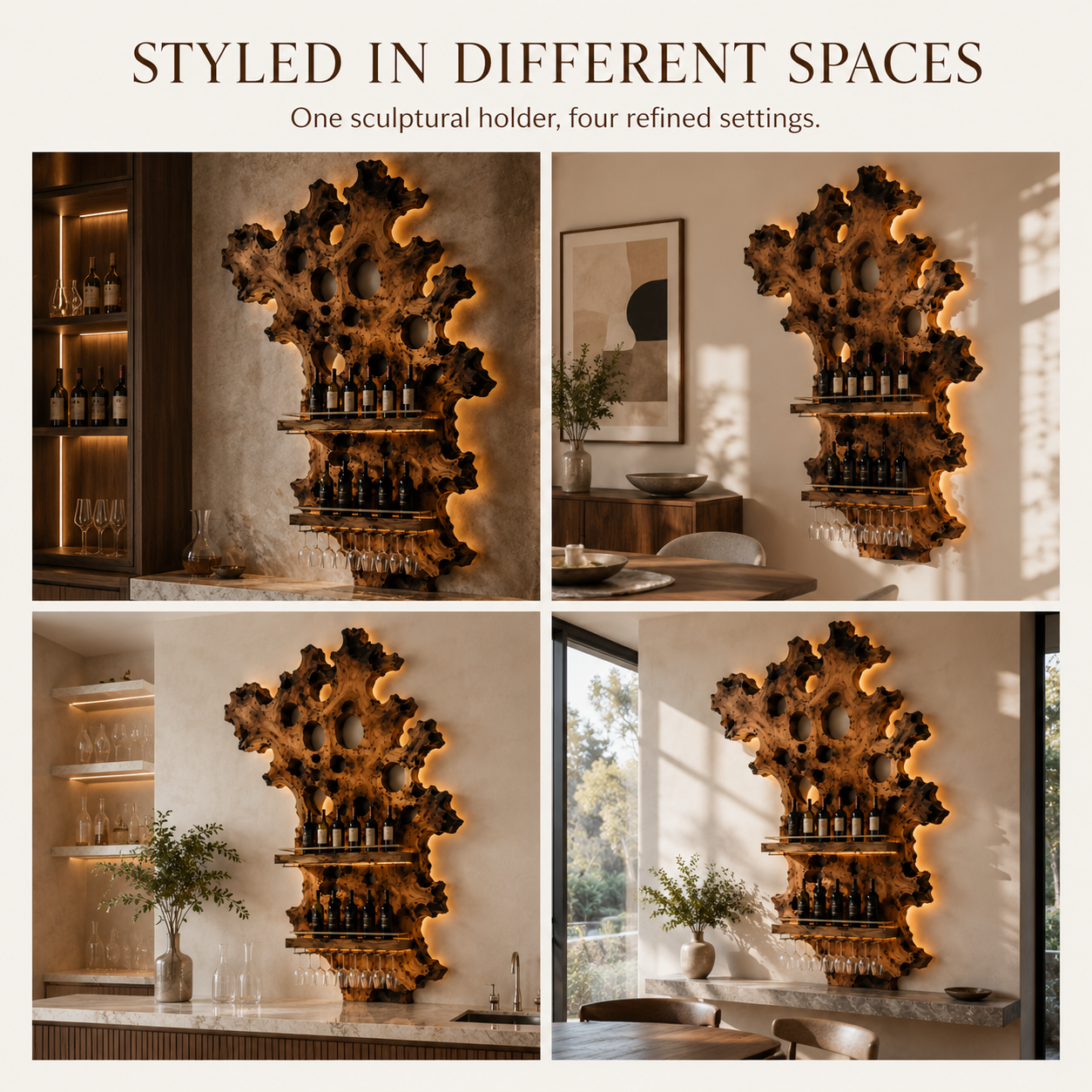 Solid Wood Wall Wine Rack with Glass Holder - River Form - product image 10