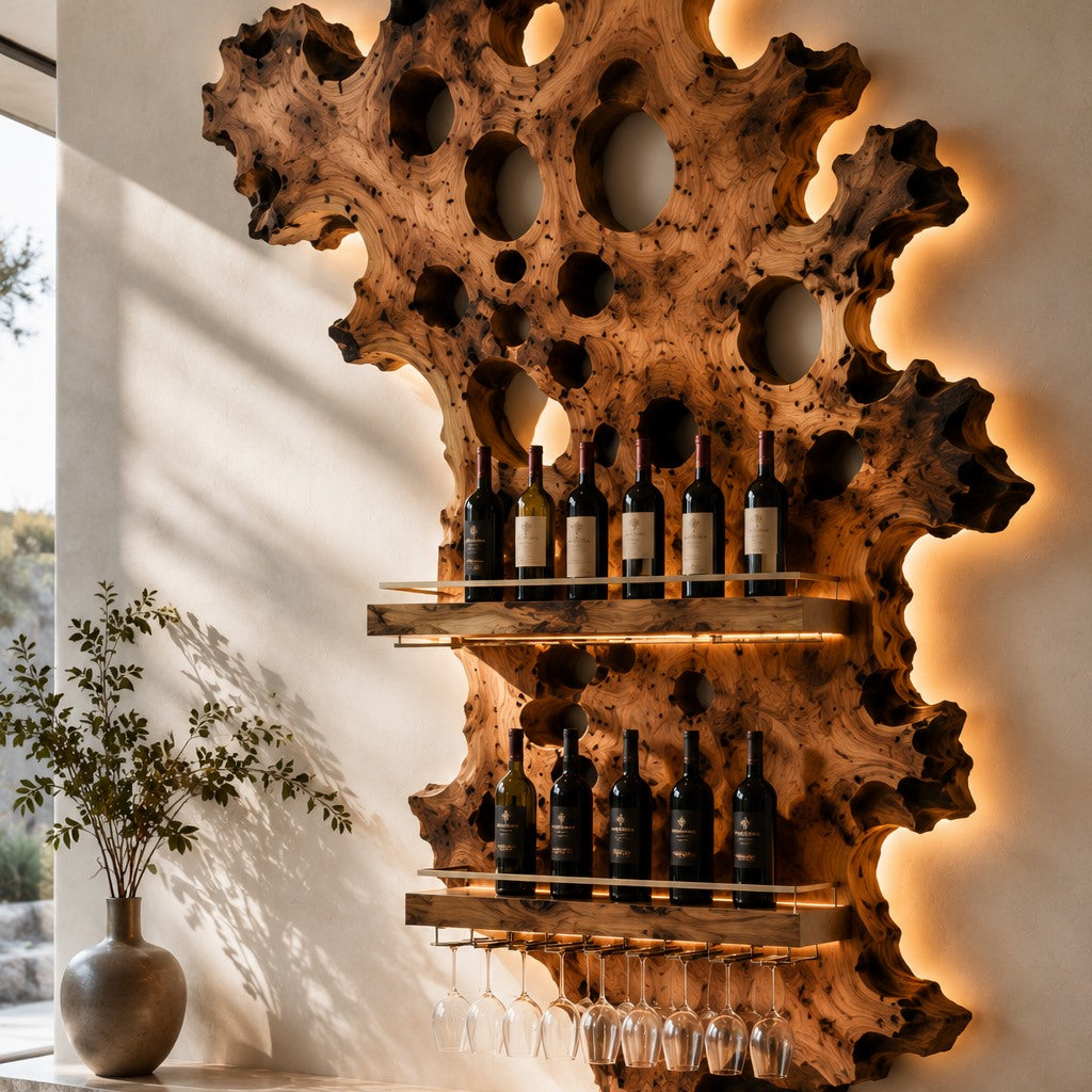 Solid Wood Wall Wine Rack with Glass Holder - River Form - Design 201 - square cover image