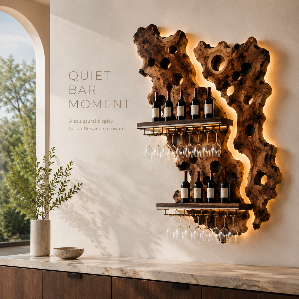 Solid Wood Wall Wine Rack with Glass Holder - Gallery Wave - product image 02
