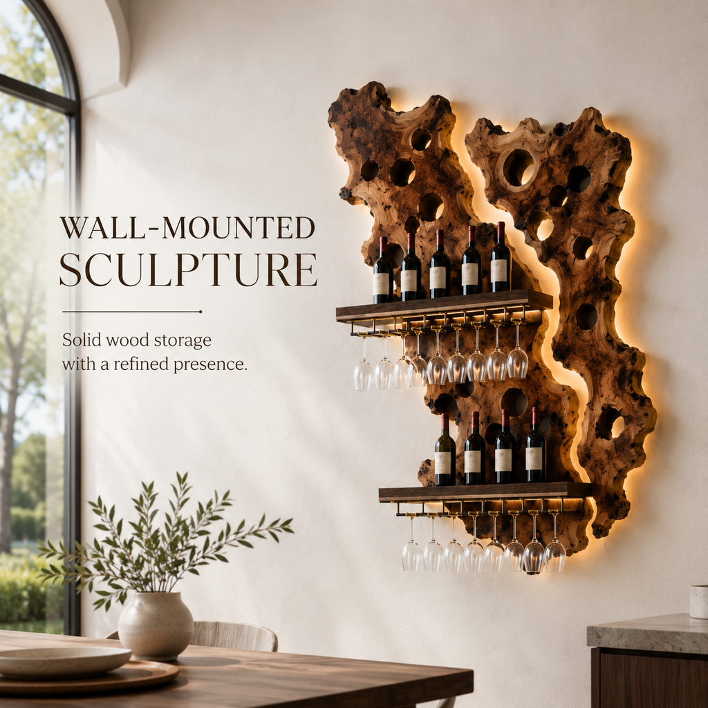 Solid Wood Wall Wine Rack with Glass Holder - Gallery Wave - product image 03