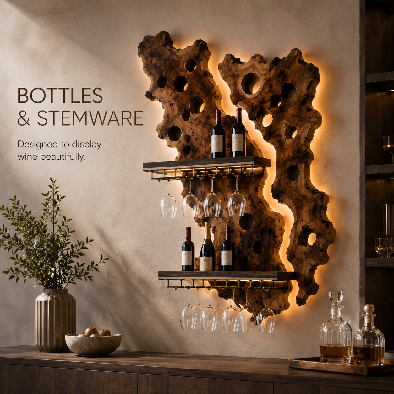 Solid Wood Wall Wine Rack with Glass Holder - Gallery Wave - product image 07