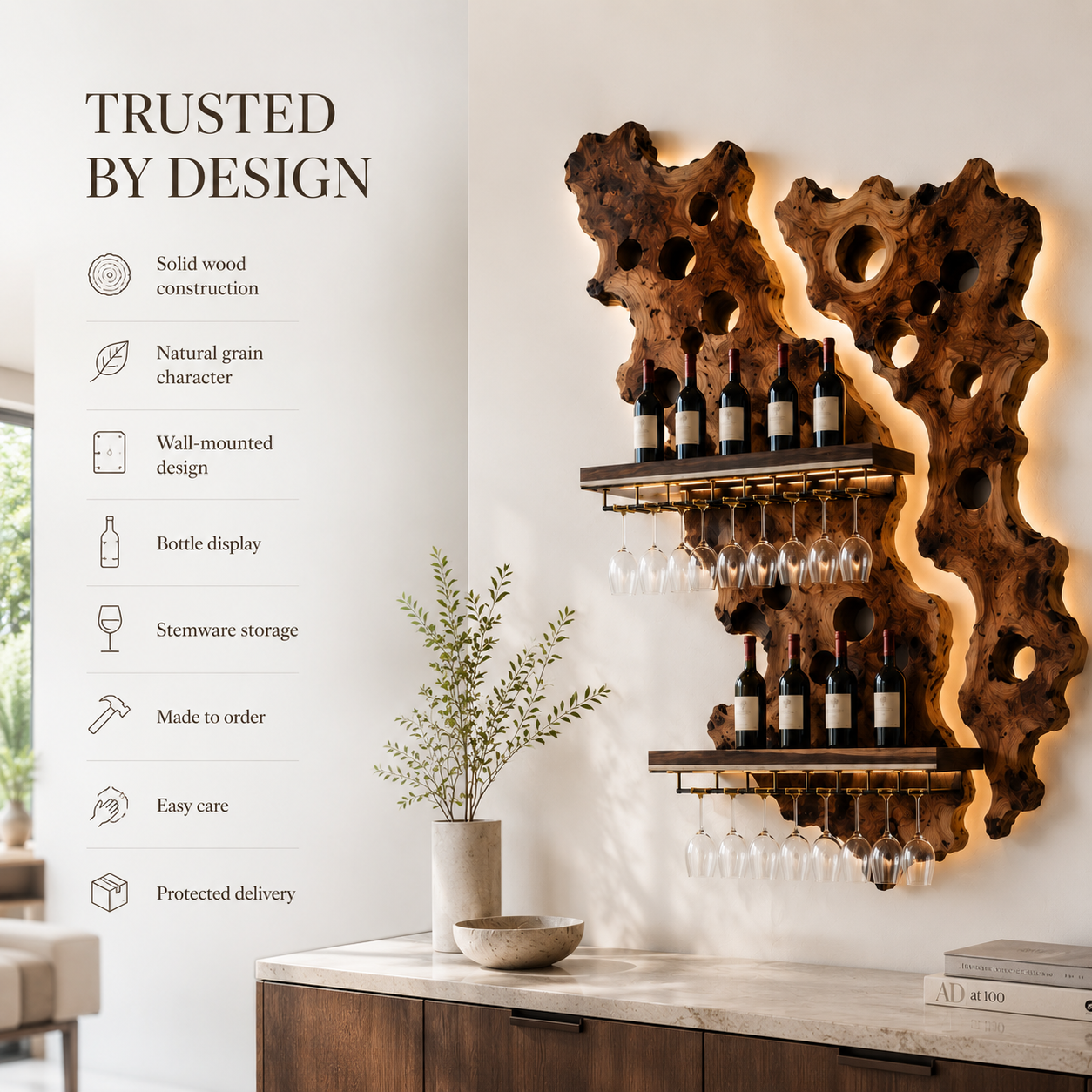 Solid Wood Wall Wine Rack with Glass Holder - Gallery Wave - product image 09