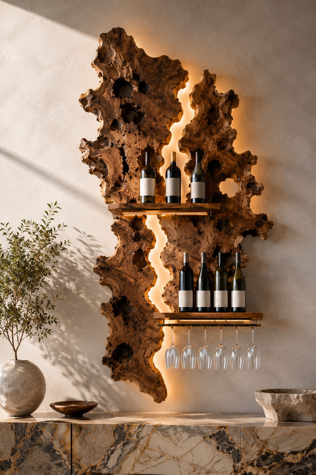 Solid Wood Wall Wine Rack with Glass Holder - Gallery Wave - main view