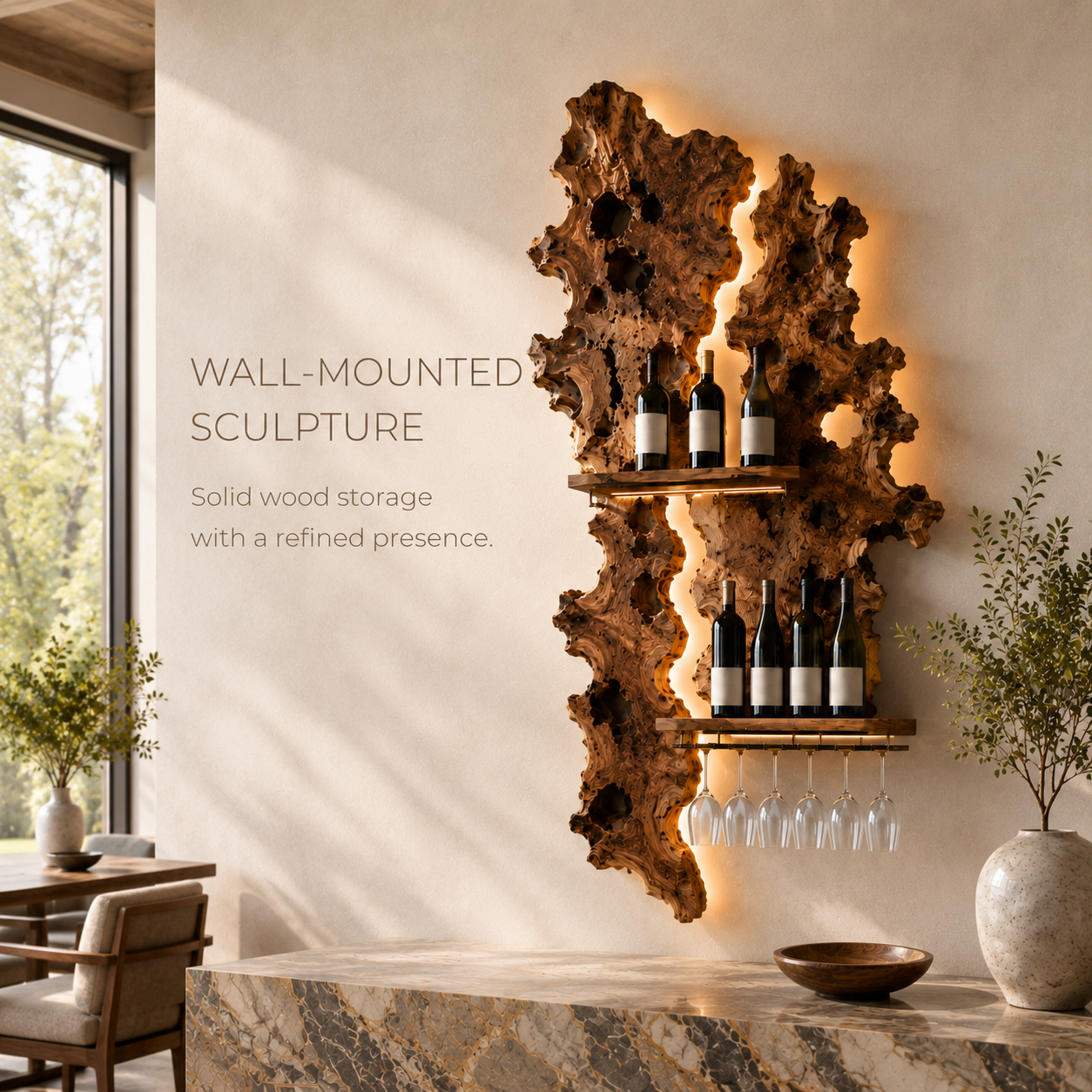 Solid Wood Wall Wine Rack with Glass Holder - Gallery Wave - product image 03