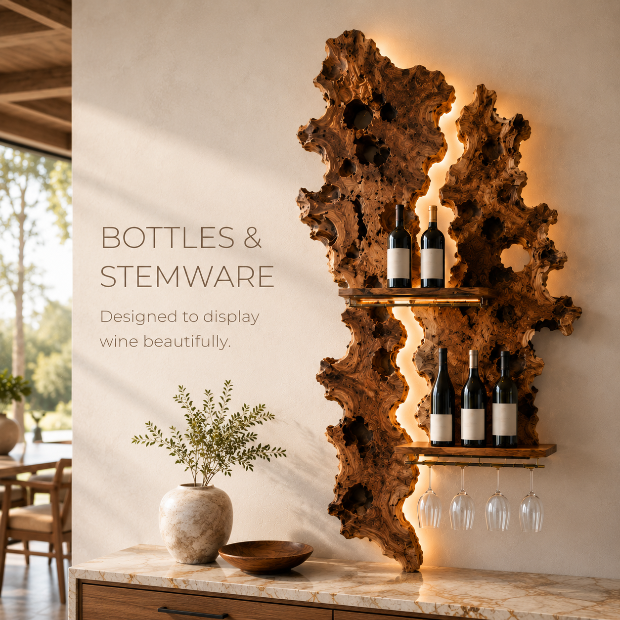 Solid Wood Wall Wine Rack with Glass Holder - Gallery Wave - product image 07