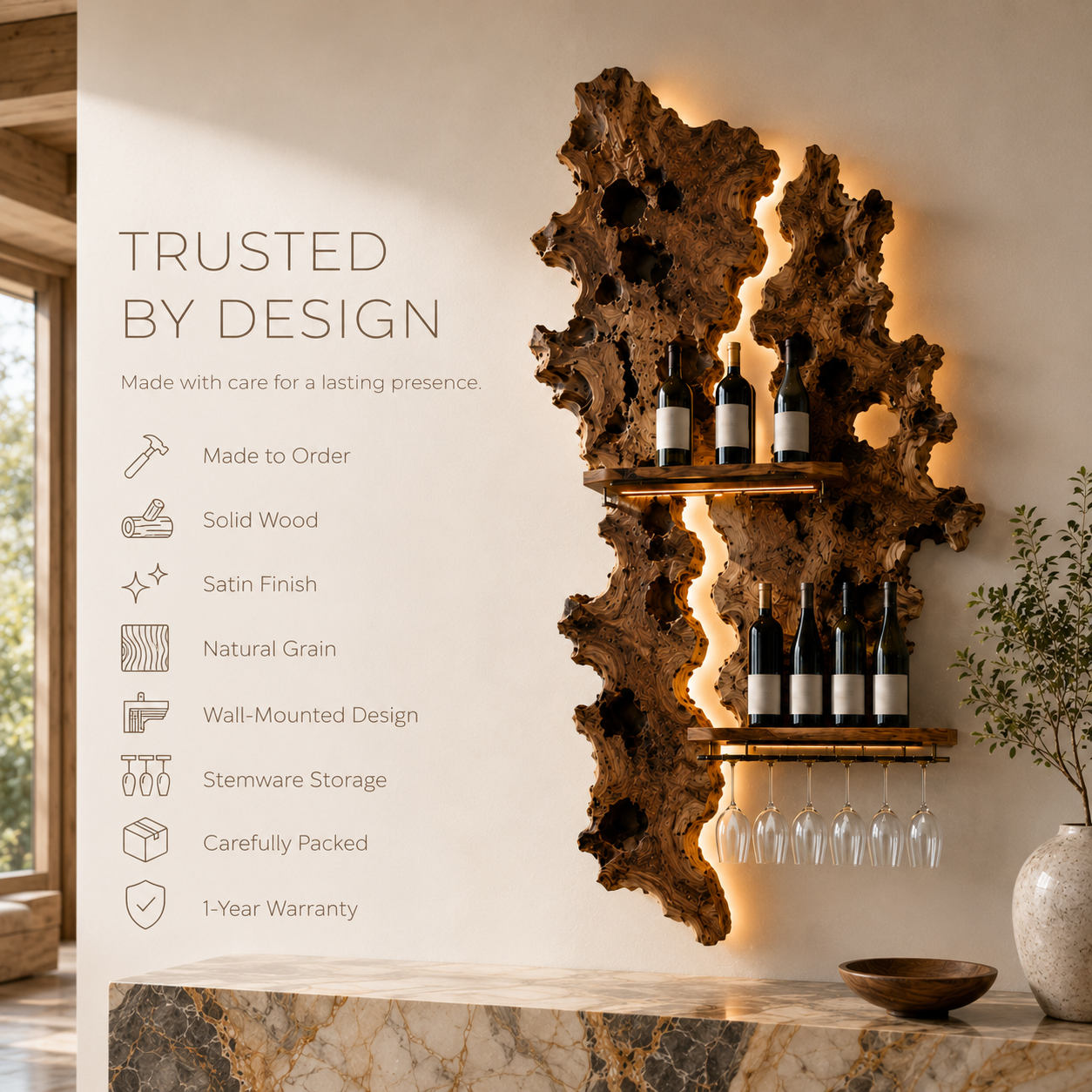 Solid Wood Wall Wine Rack with Glass Holder - Gallery Wave - product image 09
