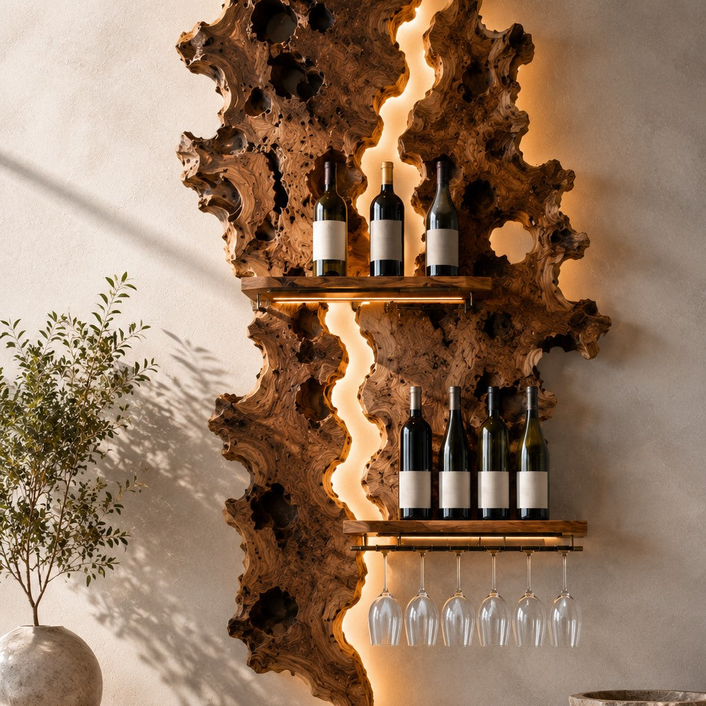 Solid Wood Wall Wine Rack with Glass Holder - Gallery Wave - Design 204 - square cover image