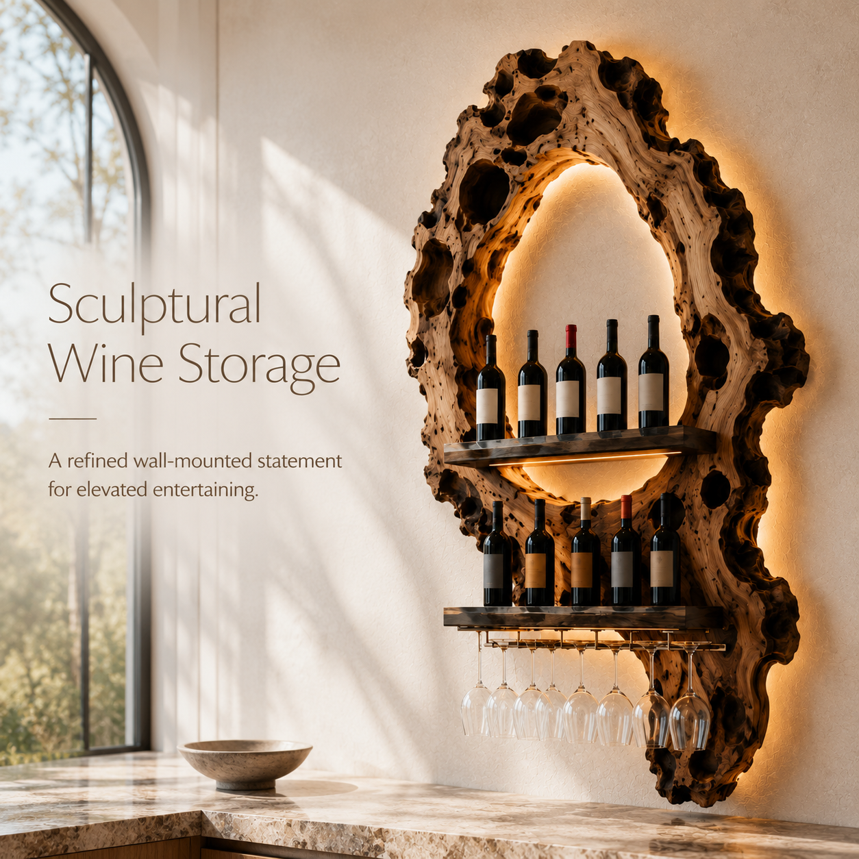 Solid Wood Wall Wine Rack with Glass Holder - Carved Halo - product image 02