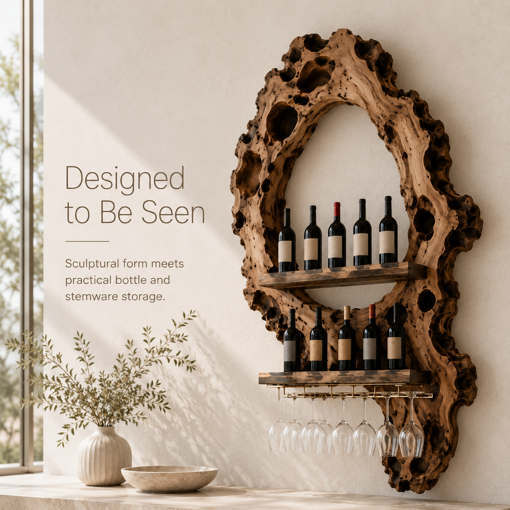Solid Wood Wall Wine Rack with Glass Holder - Carved Halo - product image 03