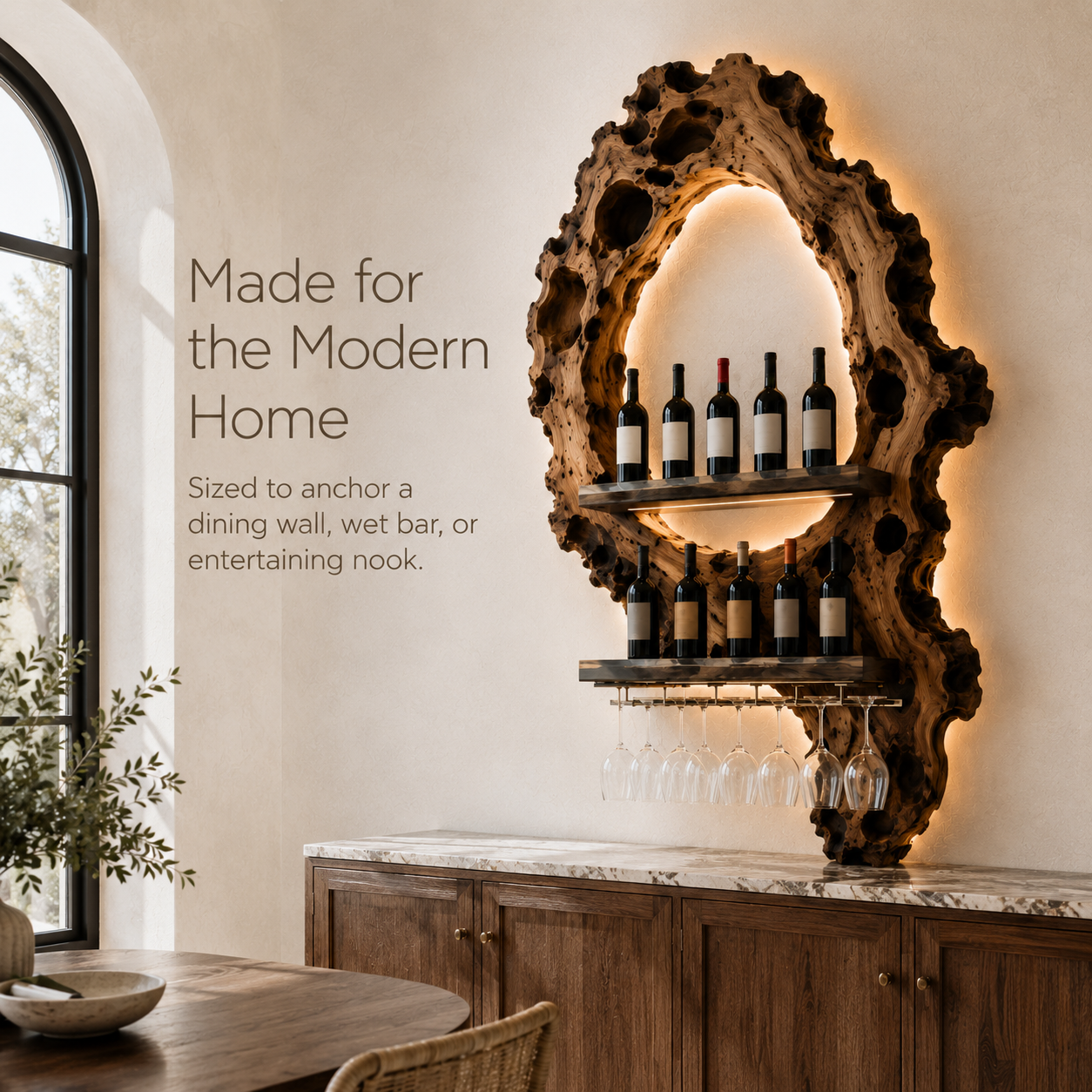 Solid Wood Wall Wine Rack with Glass Holder - Carved Halo - product image 04