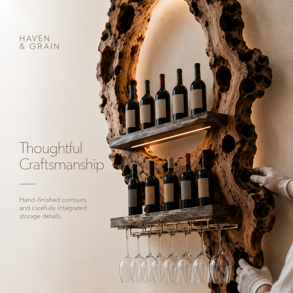 Solid Wood Wall Wine Rack with Glass Holder - Carved Halo - product image 06