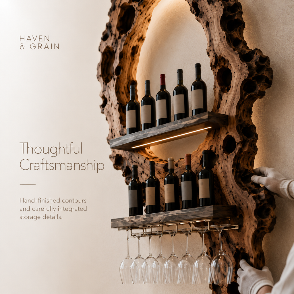 Solid Wood Wall Wine Rack with Glass Holder - Carved Halo - product image 06