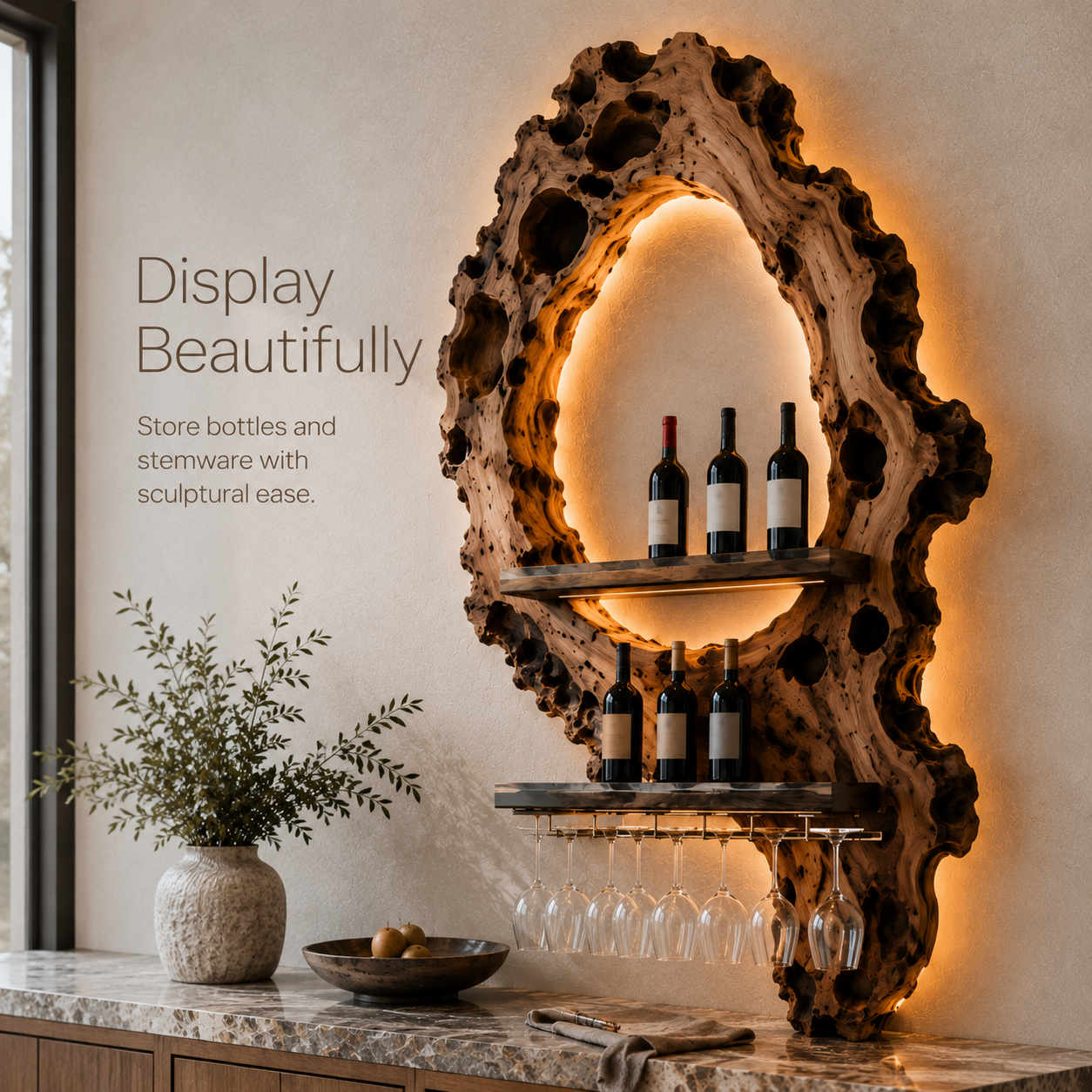 Solid Wood Wall Wine Rack with Glass Holder - Carved Halo - product image 07