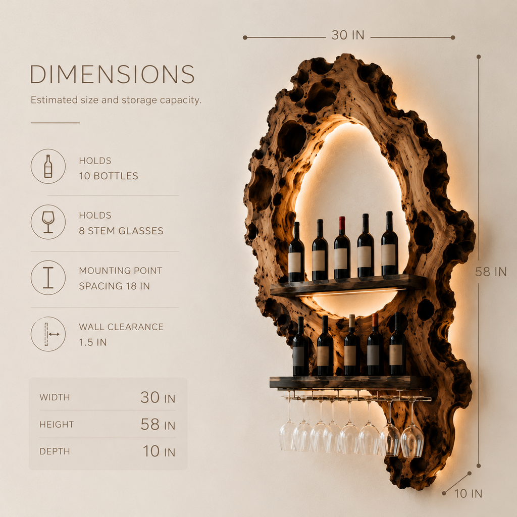 Solid Wood Wall Wine Rack with Glass Holder - Carved Halo - product image 08