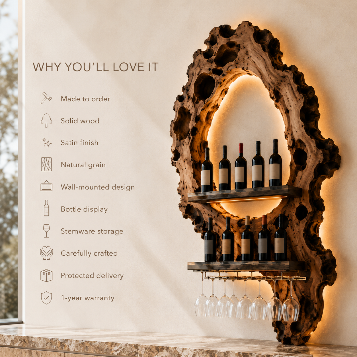 Solid Wood Wall Wine Rack with Glass Holder - Carved Halo - product image 09