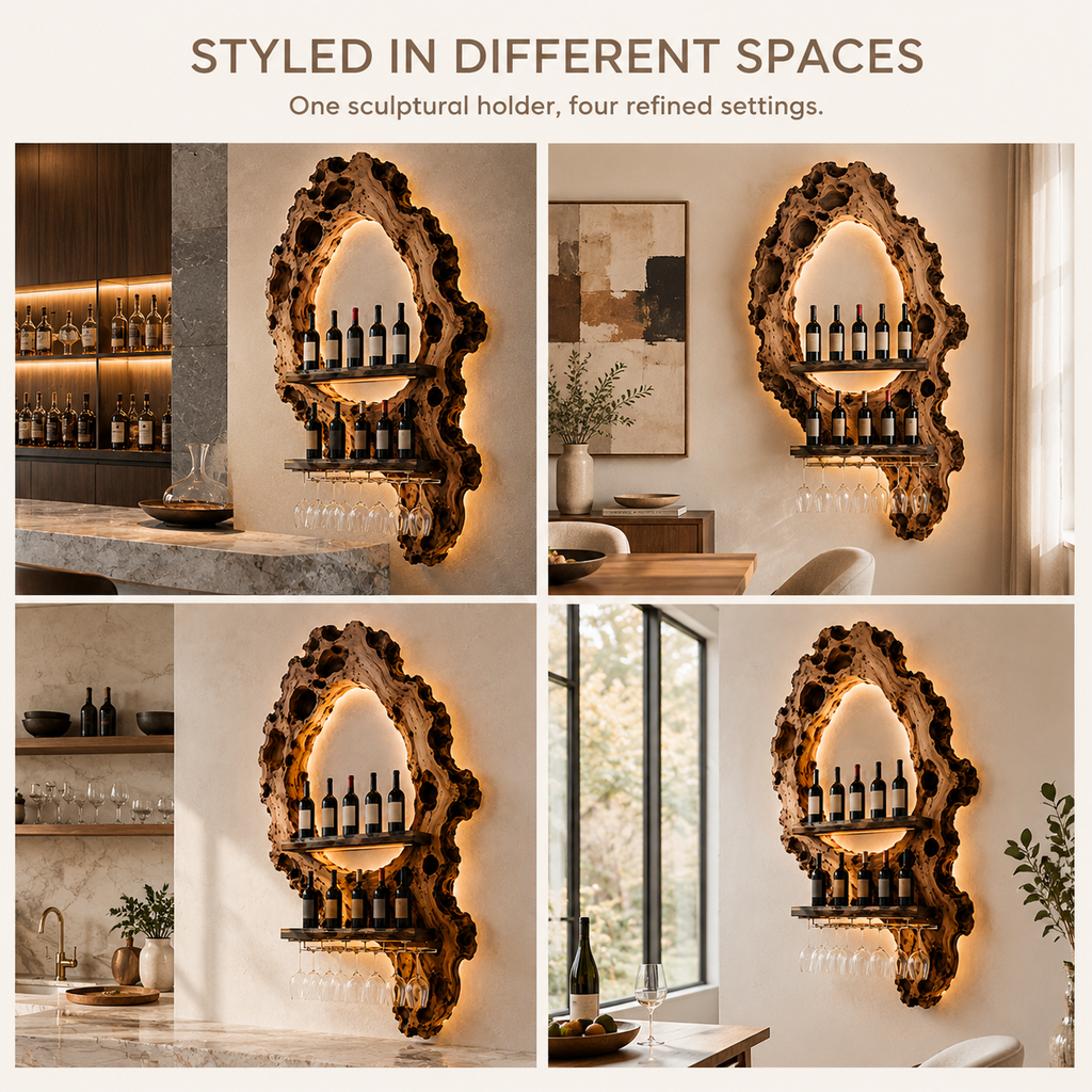 Solid Wood Wall Wine Rack with Glass Holder - Carved Halo - product image 10
