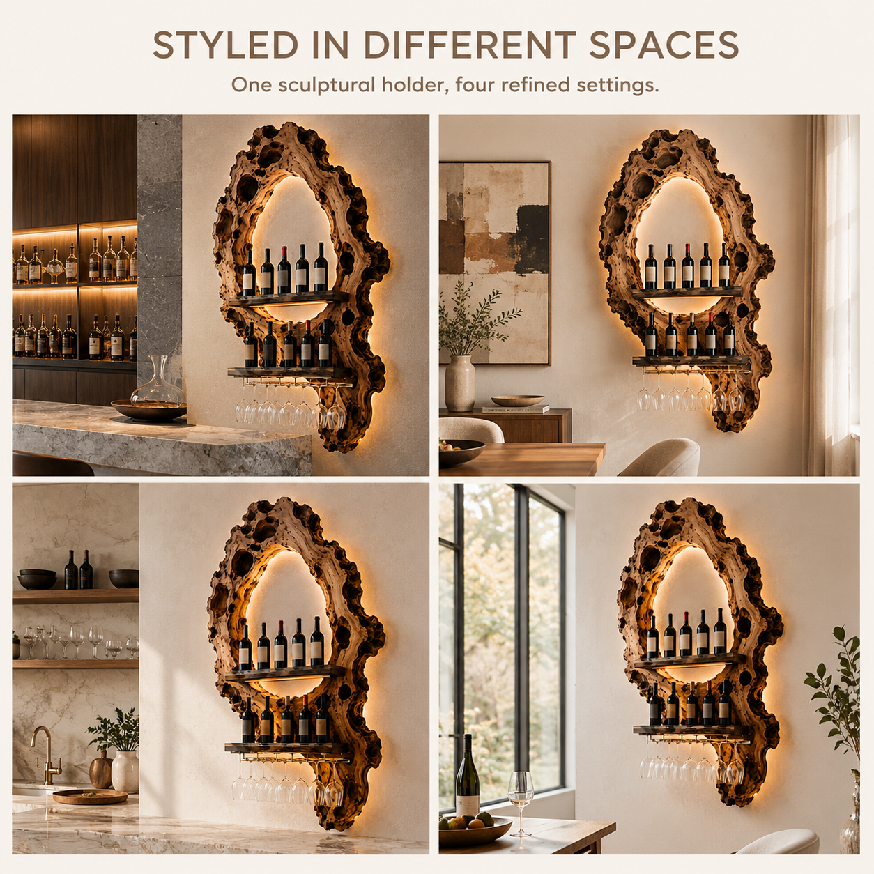 Solid Wood Wall Wine Rack with Glass Holder - Carved Halo - product image 10