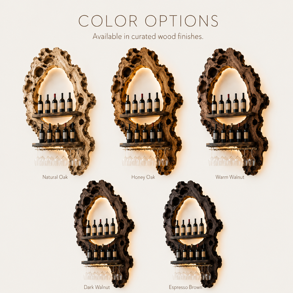 Solid Wood Wall Wine Rack with Glass Holder - Carved Halo - product image 11