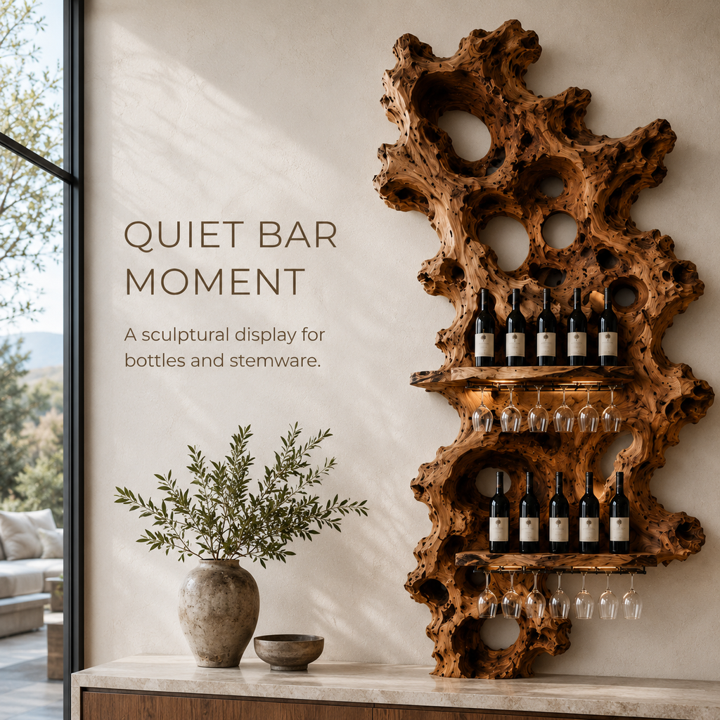 Solid Wood Wall Wine Rack with Glass Holder - Root Form - product image 02