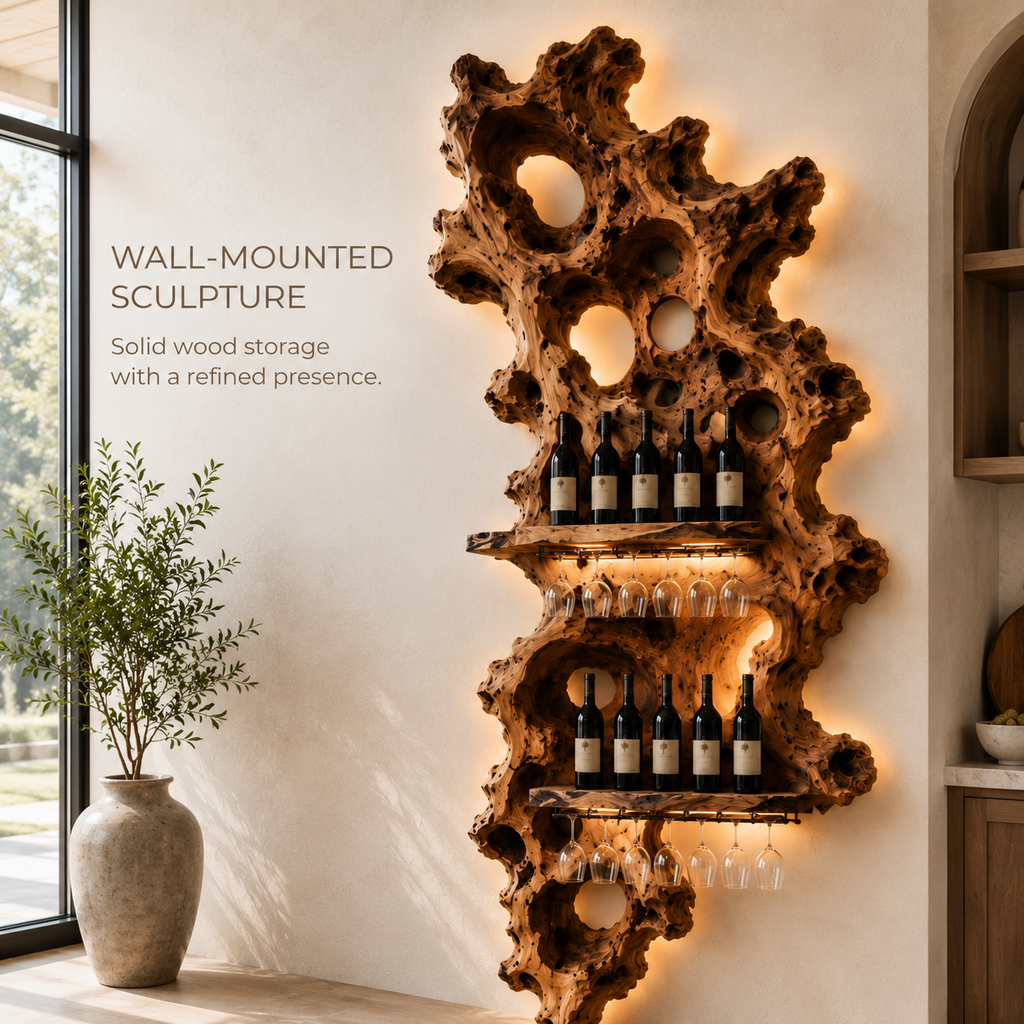 Solid Wood Wall Wine Rack with Glass Holder - Root Form - product image 03