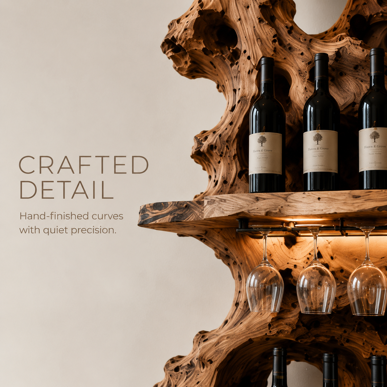 Solid Wood Wall Wine Rack with Glass Holder - Root Form - product image 06