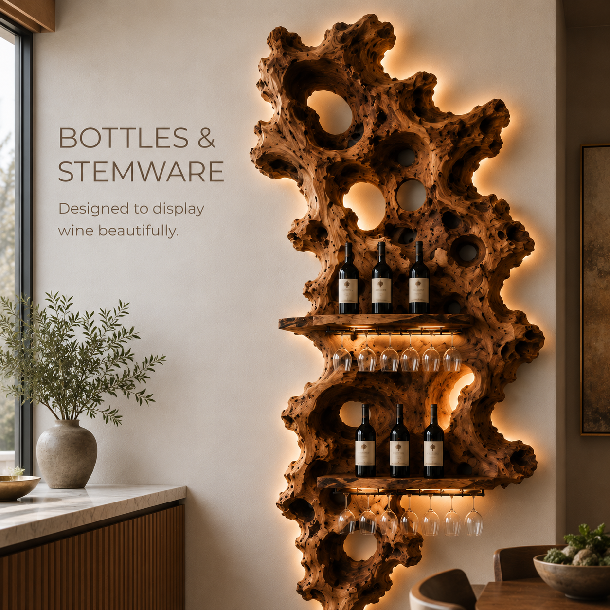 Solid Wood Wall Wine Rack with Glass Holder - Root Form - product image 07