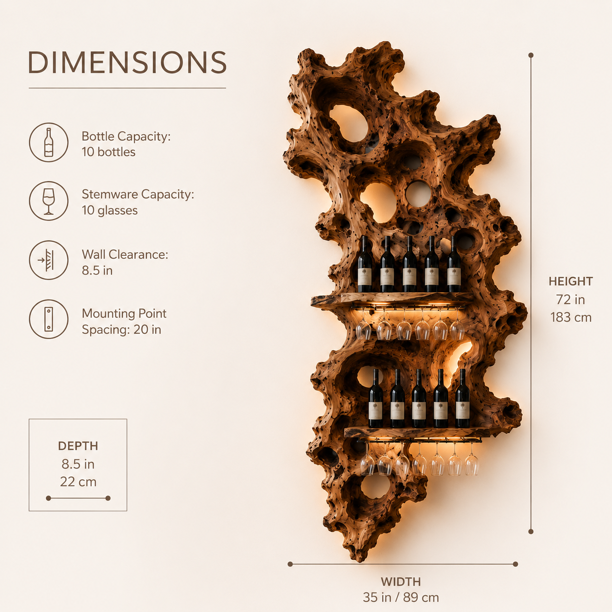 Solid Wood Wall Wine Rack with Glass Holder - Root Form - product image 08